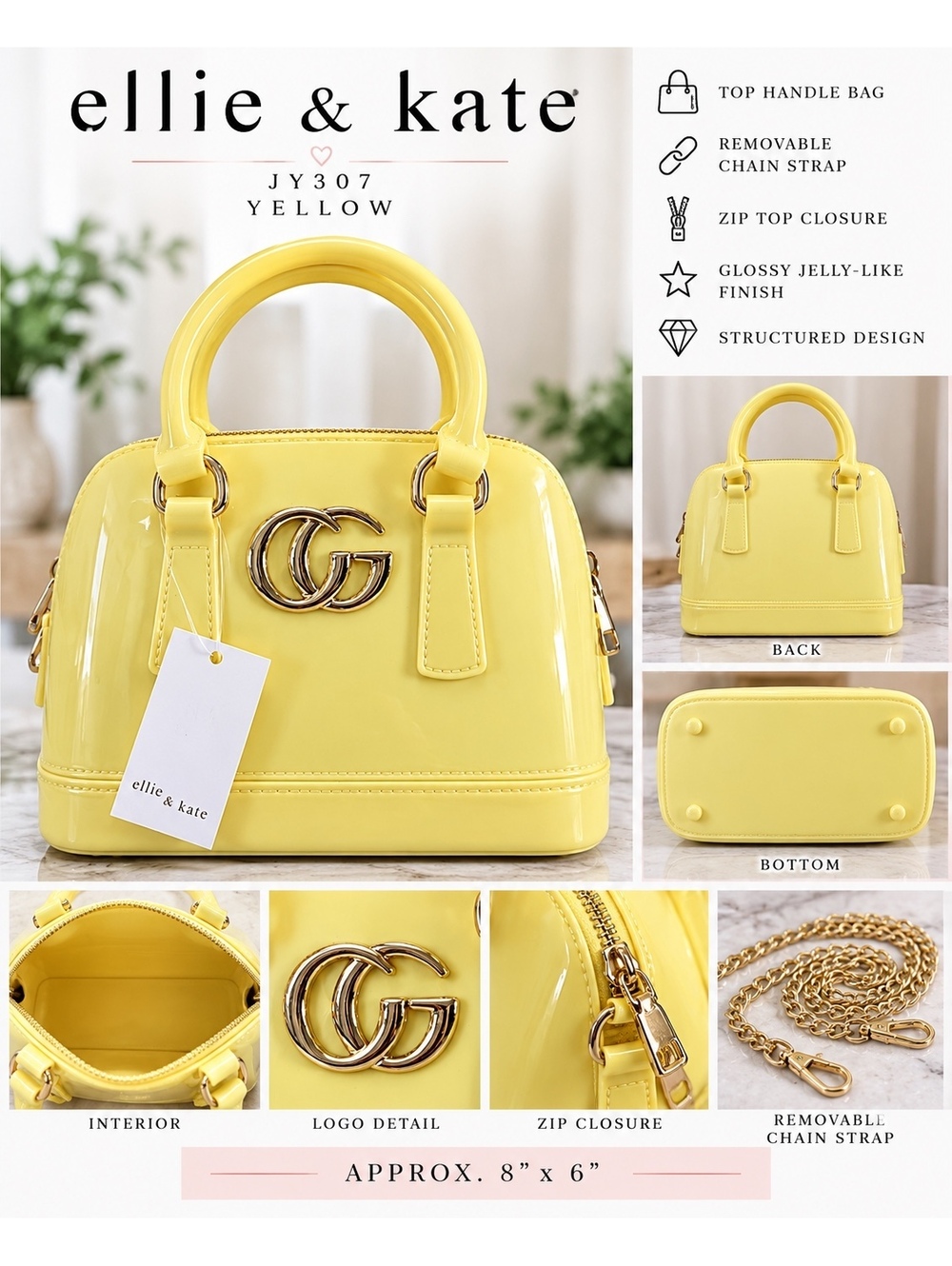 ellie & kate JY307 Yellow Glossy Jelly-Like Top Handle Bag
